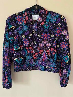 Vintage Floral Geometric Cropped Jacket 80s 90s Southwestern Print 100% Cotton S